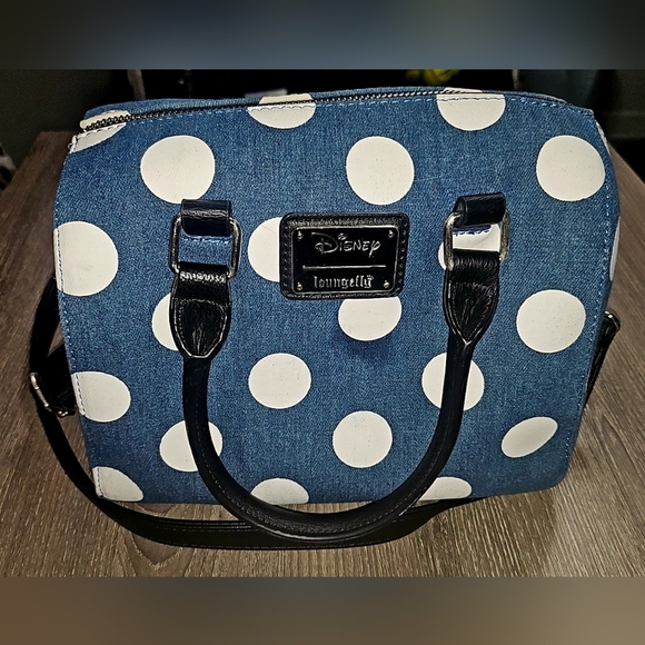 Disney Loungefly Minnie Mouse Denim Polka Dot Purse With Matching Zip Wallet - Picture 3 of 13
